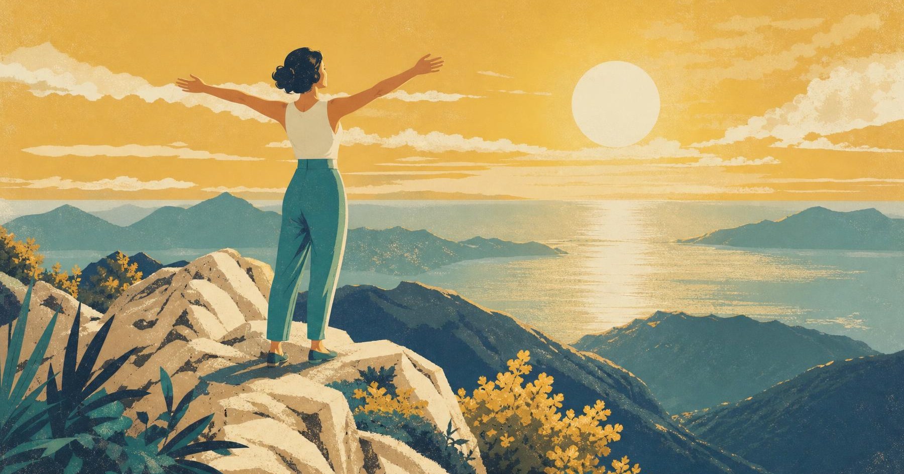 A woman on a mountain top at sunrise, arms wide open over the sea.